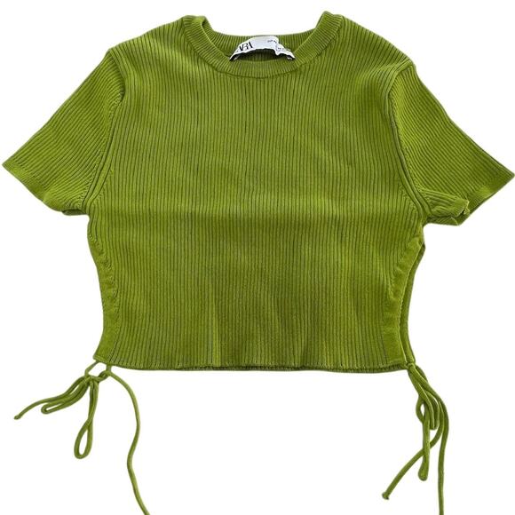 Zara Shirt Womens XS Green Ribbed Short Sleeve Side Tie Stretch Cropped Top - Picture 1 of 6